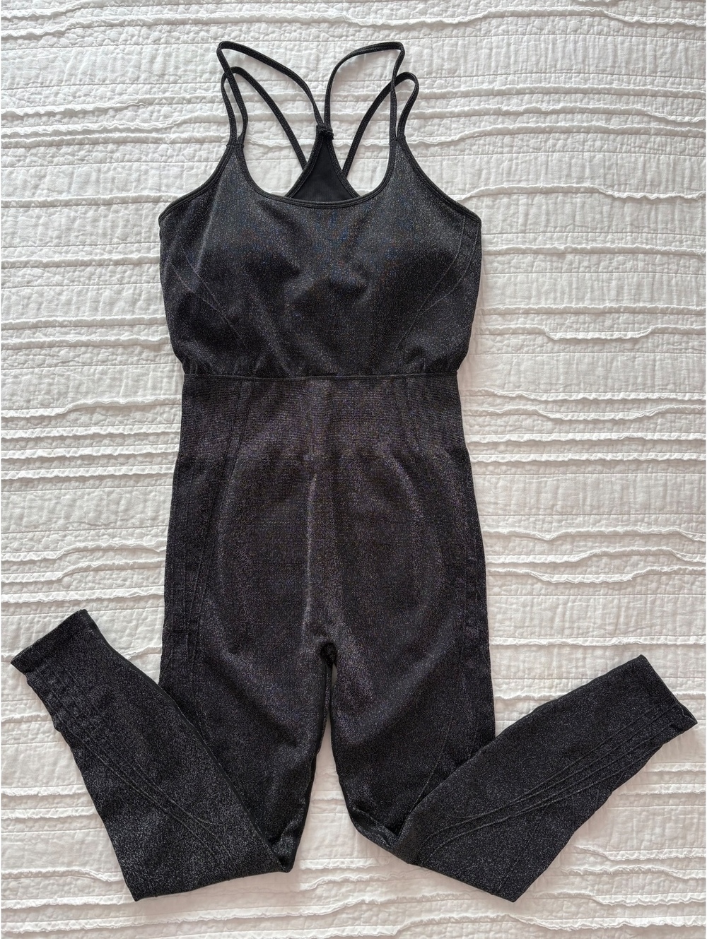 Fabletics Seamless Lurex Jumpsuit XL Black Sparkle Metallic Strappy Back